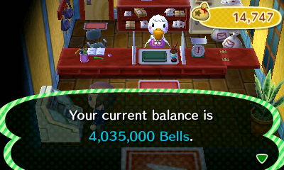 Your current balance is 4,035,000 bells.
