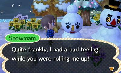 Snowmam: Quite frankly, I had a bad feeling while you were rolling me up!