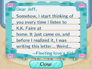 Dear Jeff, Somehow, I start thinking of you every time I listen to K.K. Faire at home. -Kidd