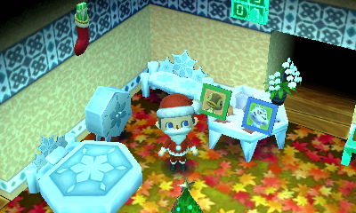 A blue-trim wall and autumn floor.