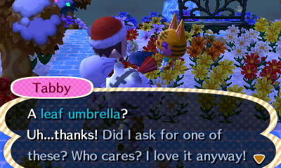Tabby: A leaf umbrella? Uh...thanks! Did I ask for one of these? Who cares? I love it anyway!