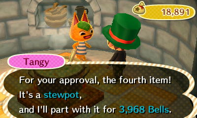 Tangy: For your approval, the fourth item! It's a stewpot, and I'll part with it for 3,968 bells.