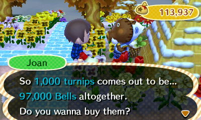 Joan: So 1,000 turnips comes out to be 97,000 bells altogether. Do you wanna buy them?
