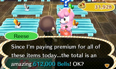 Reese: Since I'm paying premium for all of these items today...the total is an amazing 612,000 bells! OK?
