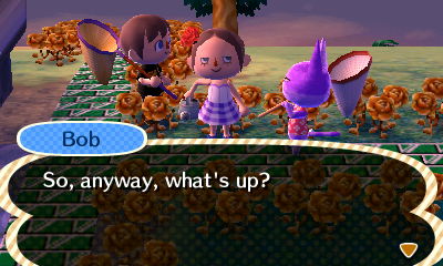 Beth stands in between me and Bob as Bob asks me what's up.