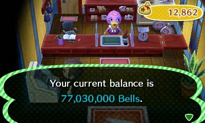 Your current balance is 77,030,000 bells.