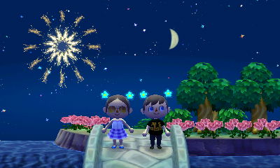 Watching fireworks with Beth from a bridge in her town of Acorn.