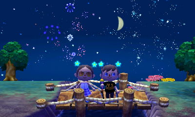 Watching fireworks with Beth from her new suspension bridge in her town of Acorn.