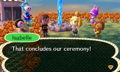Isabelle concludes the completion ceremony for the geyser as Aurora, Julian, Bob, and Molly look on.