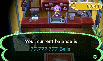 Your current balance is 77,777,777 bells.