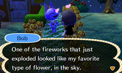Bob: One of the fireworks that just exploded looked like my favorite type of flower, in the sky.