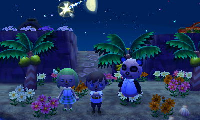 Jeff and Beth stand on the beach. Jeff wishes on a shooting star as Chow the panda stands in the flowers behind him.
