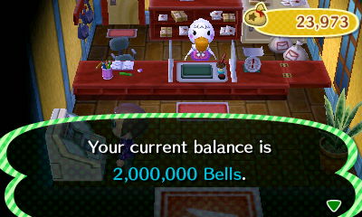 Your current balance is 2,000,000 bells.