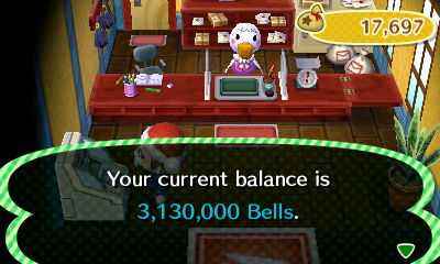 Your current balance is 3,130,000 bells.