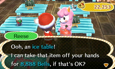 Reese: Ooh, an ice table! I can take that item off your hands for 8,888 bells, if that's OK?