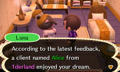 Luna: According to the latest feedback, a client named Alice from 1derland enjoyed your dream.