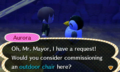 Aurora: Oh, Mr. Mayor, I have a request! Would you consider commissioning an outdoor chair here?