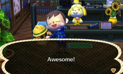 Animated GIF of my mayor saying "Awesome!" and blinking as Isabelle claps in the background.
