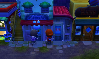 Wendy's bunny balloon going through the awning of Able Sisters, making a smiley face.