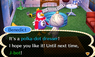 Benedict: It's a polka-dot dresser! I hope you like it! Until next time, J-bot!