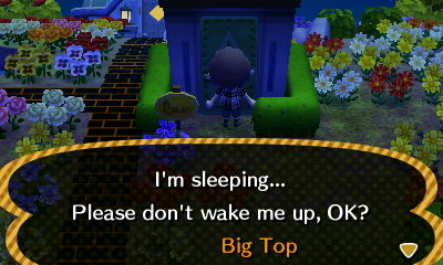 Sign on door: I'm sleeping... Please don't wake me up, OK? -Big Top