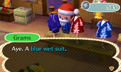 Grams: Aye. A blue wet suit.