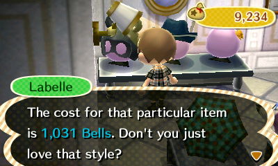 Labelle: The cost for that particular item is 1,031 bells. Don't you just love that style?