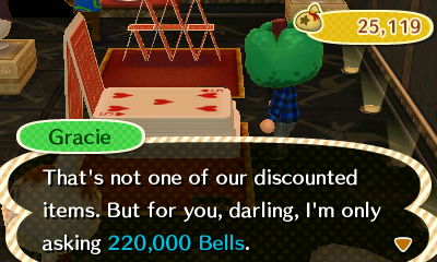Gracie: That's not one of our discounted items. But for you, darling, I'm only asking 220,000 bells.