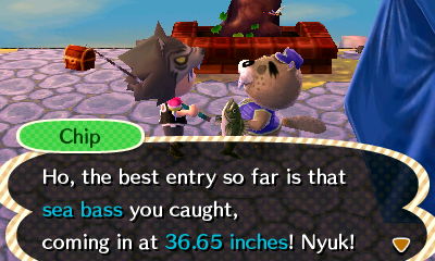 Chip: Ho, the best entry so far is that sea bass you caught, coming in at 36.65 inches! Nyuk!