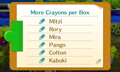 Signatures for the More Crayons per Box petition: Mitzi, Rory, Mira, Pango, Colton, Kabuki.