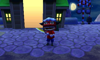 Me wearing my lion-dance mask and holding an axe.