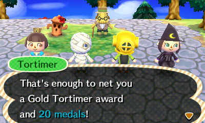 A witch, mummy, diver, and princess celebrate a successful island tour.