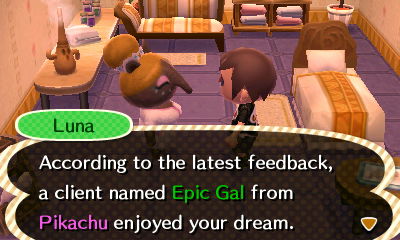 Luna: According to the latest feedback, a client named Epic Gal from Pikachu enjoyed your dream.