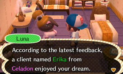 Luna: According to the latest feedback, a client named Erika from Celadon enjoyed your dream.