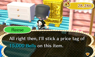 Reese: All right then, I'll stick a price tag of 15,000 bells on this item.