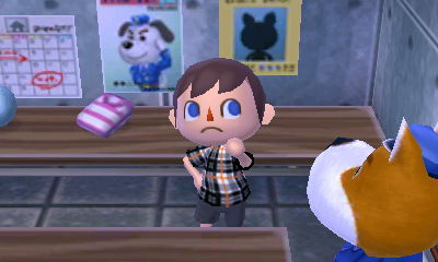 Trying on the gray tartan tee I got in the lost and found at the police station.