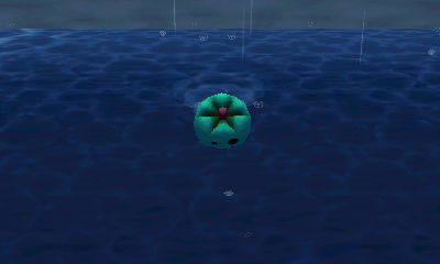 Rain begins to fall as a green-pumpkin wearing Jeff swims in the ocean.