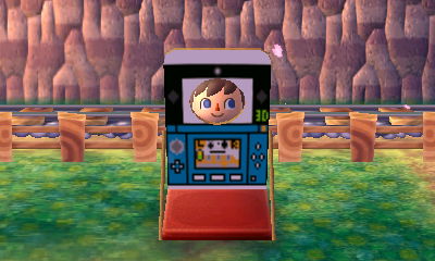 Using a face-cutout standee that has a design of a 3DS system. From the dream town of Anville.