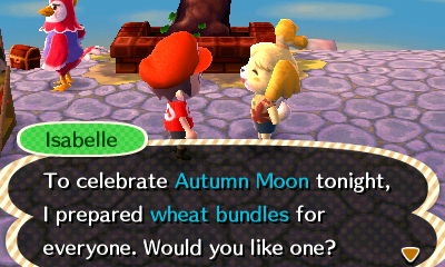 Isabelle: To celebrate Autumn Moon tonight, I prepared wheat bundles for everyone. Would you like one?
