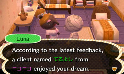 Luna informs me that a Japanese player recently visited my dream town.