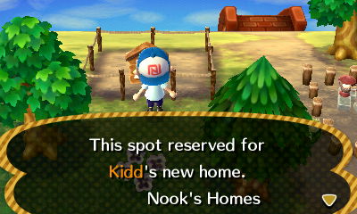 Sign: This spot reserved for Kidd's new home. -Nook's Homes