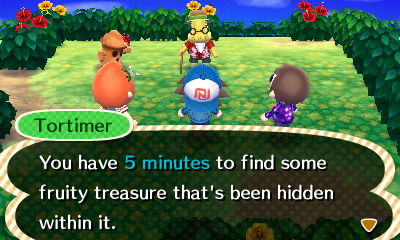 Tortimer: You have 5 mintues to find some fruity treasure that's been hidden within it.