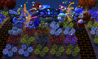 Isabelle, my villagers, and I fire party poppers to commemorate the opening of the metal bench.