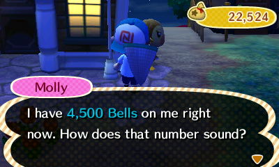 Molly: I have 4,500 bells on me right. How does that number sound?