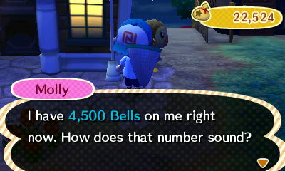 Molly: I have 4,500 bells on me right. How does that number sound?