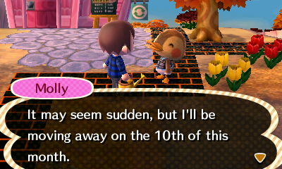 Molly: It may seem sudden, but I'll be moving away on the 10th of this month.