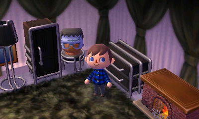 My monster mask in my sleek furniture room.