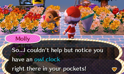 Molly: So...I couldn't help but notice you have an owl clock right there in your pockets!