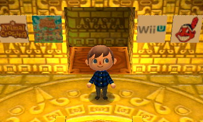 Four of my designs hanging on my wall: The Animal Crossing logo, the New Leaf box art, the Wii U logo, and Chief Wahoo.