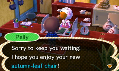 Pelly: Sorry to keep you waiting! I hope you enjoy your new autumn-leaf chair!